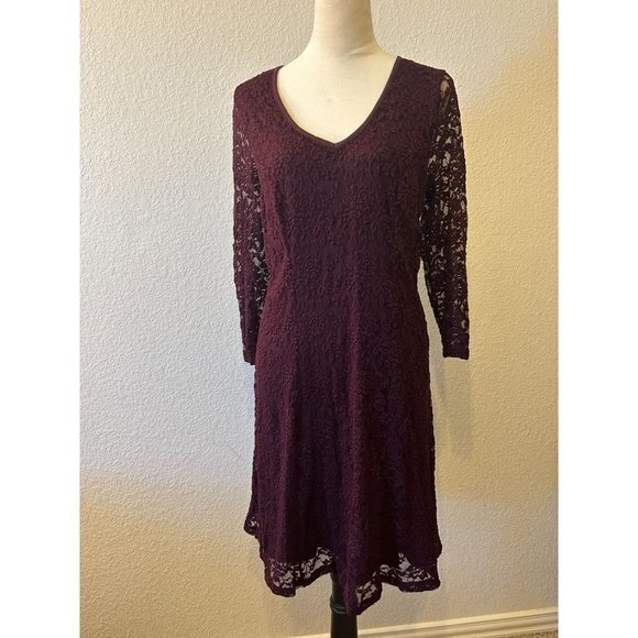 NWT‎ Women's Maurices Plum Lace Cut Out Back 3/4 Sleeve Lined Dress Size 0 (14) - Picture 1 of 14